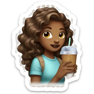 Girl drinking iced coffee with dark brown with highlights curled hair sticker