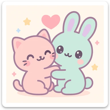 pair of cute animals cuddling, representing love, kawaii style sticker