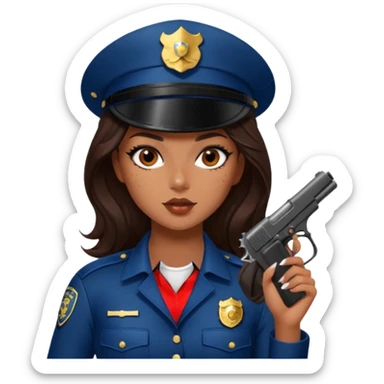 A sexy girl. with caramel skin. Dark brown hair and brown eyes. She has freckles. Wearing sexy makeup. Dressed as a sexy cop. wearing lingerie. Wearing heels on her feet. Holding a gun sticker