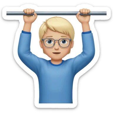 Wygeneruj mi emotke chłopaka o włosach blond z niebieskimi oczami w okularach, który podciąga się na drążku sticker