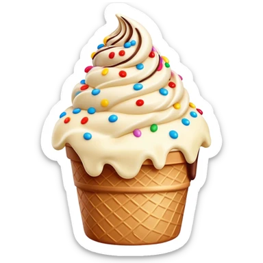 Cinematic scoop of rich, creamy ice cream, slightly melting, smooth swirls of chocolate and vanilla, colorful sprinkles on top, warm glowing background, playful and inviting. sticker