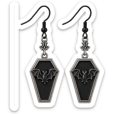 goth earrings, black coffin with bat, classic gothic, detailed sticker