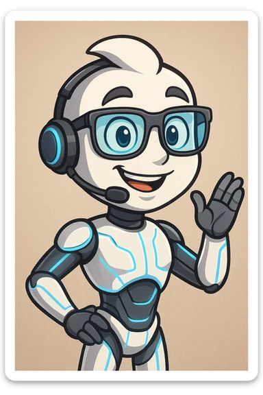 an AI agent, cartoon style, expressive face, tech accessories sticker