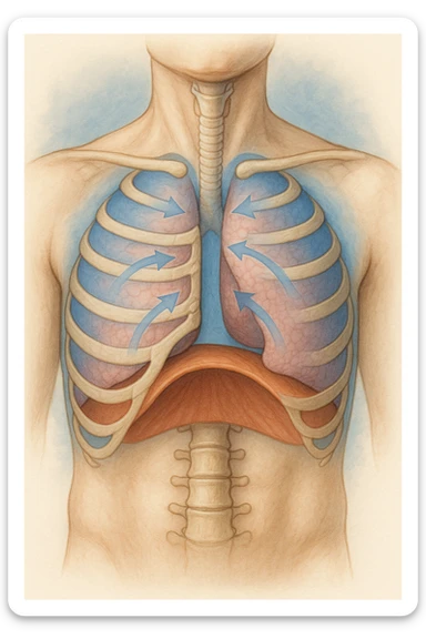 A realistic, high-quality anatomical illustration showing a human torso with visible rib cage and diaphragm. The ribs are shown in a decompressed, expanded state, allowing full lung expansion, while the diaphragm is depicted as relaxed and lowered, indicating deep, efficient breathing. Soft blue and warm tones highlight airflow and lung capacity, with light arrows illustrating the air movement during diaphragmatic breathing. The image conveys a sense of calm, openness, and optimal breathing mechanics, useful for physiotherapy, breathing education, and osteopathic learning contexts realistica sticker