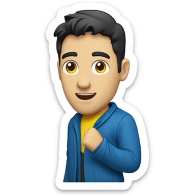 HALF BODY CAUCASIAN GUY WITH SOFT BLACK SHORT HAIR WITH BLUE COAT AND YELLOW INNER SHIRT SHOWING HIS DANCE MOVES sticker