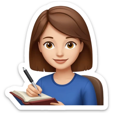 happy woman with brown hair writing a book sticker