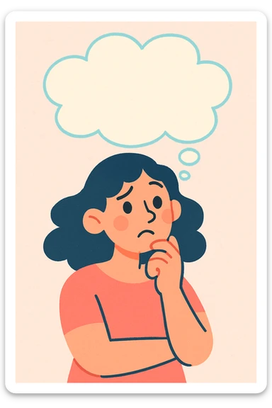 woman with a thought cloud above her head, soft pastel illustration style sticker