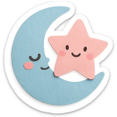 soft pastel blue crescent moon hugging a soft pink star, no arms, no legs, full body, soft pastel kawaii paper craft style sticker