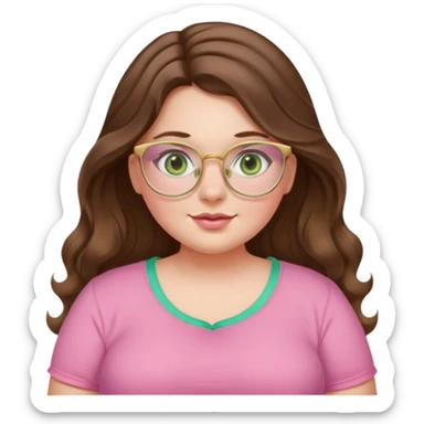 Girl girl long wavy brown hair with middle part, pale green eyes, plus size, pink girly top, gold rimmed glasses sticker