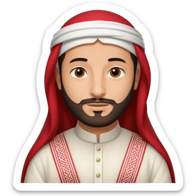 detailed iPhone-style emoji of a Saudi man resembling Crown Prince Mohammed bin Salman, soft round cartoon face, short beard, gentle brown eyes, calm confident smile, wearing traditional white thobe, red-and-white shemagh with black agal, both hands gently visible sticker