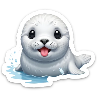 A fluffy, all-white furred, tiny seal having fun in the lake while sticking his tongue out. sticker