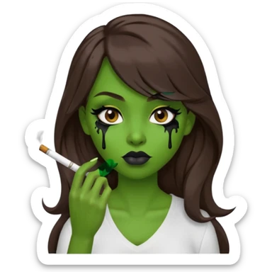 {
  "prompt": "3D cartoon-style green-skinned girl with long brown hair and a side-swept bang. Large brown eyes with black dripping makeup, white V-neck shirt, cigarette in her mouth, dark background. Same proportions and style as the original description.",
  "size": "1024x1024"
} sticker
