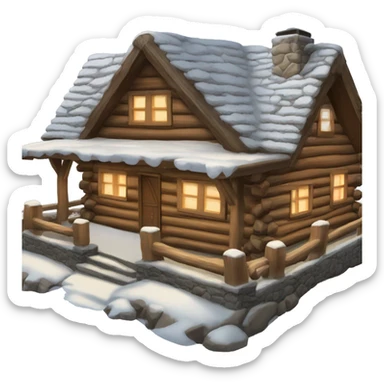 Snowy log cabin with a stone chimney, decorated for Christmas  sticker