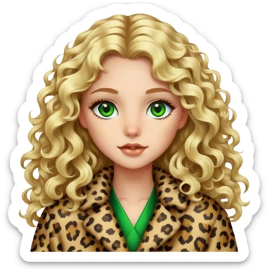 Blonde girl with long curly hair and green eyes in leopard print coat  sticker