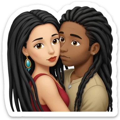 Latina Woman with long hair kissing a young black guy with dreads no beard sticker