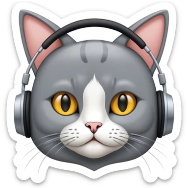 Gato persa gris con audífonos y detrás de él un cartel con el nombre PRIMERA 88.3FM sticker