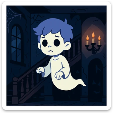 flat toon style ghost boy in a haunted house, cartoon spooky setting sticker
