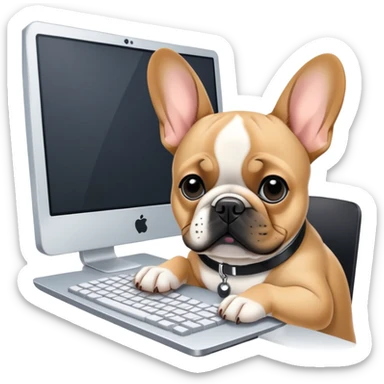 Fawn Frenchie with black muzzle working behind computer sticker
