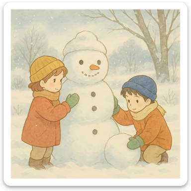 ghibli style kids building a snowman, soft colors, gentle winter scene sticker