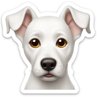 white dog with one brown ear sticker
