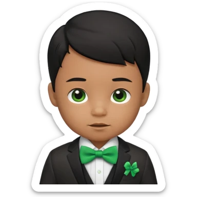 baby boy black hair in suit, with green bow sticker