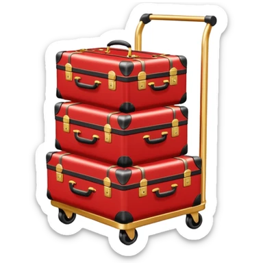 Luggage cart: A polished gold luggage cart with a red carpet base, neatly stacked with suitcases. sticker