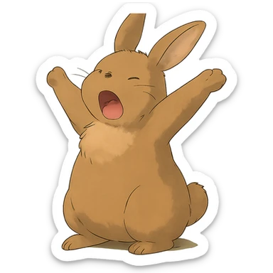 brown bunny stretching arms while yawning, soft ghibli style sticker