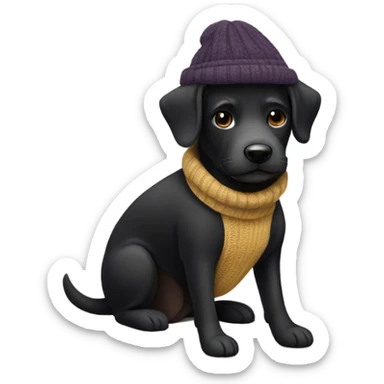Black dog wearing a sweater and a hat  sticker