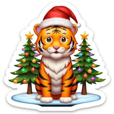 Happy tiger with a Santa hat by a bright glowing colorful Christmas tree sticker