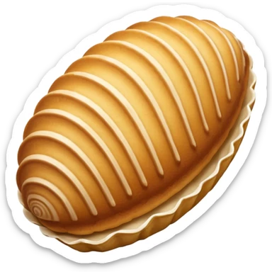 A madeleine pastry. Oval shaped with four to five vertical lines going in the same direction. Scalloped seashell shape. Light golden brown. Scalloped edge. Cookie. Flat. sticker