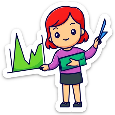 Girl holding chart with rising green graph line in right hand and holding another chart with falling red graph line in left hand sticker