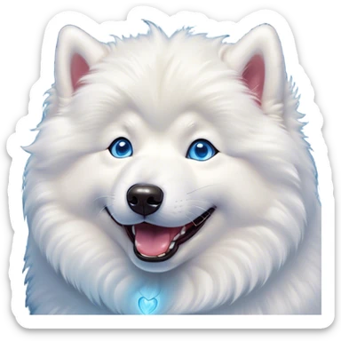 Cinematic Comical Samoyed Portrait Emoji, Head tilted dramatically with an exaggeratedly amused expression, featuring a striking, fluffy white Fur with a radiant sheen, wide, expressive blue eyes filled with playful disbelief, Simplified yet hilariously expressive features, highly detailed, glowing with a slightly sassy glow, high shine, dramatic yet playful, stylized with an air of cheeky mischief, bright and endearing, soft glowing outline, capturing the essence of a spirited and over-the-top companion, so meme-worthy it feels like it could side-eye its way into internet fame instantly! sticker