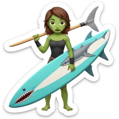 orc female holds a little surfboard with a shark painted vertically in his hands sticker