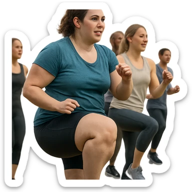 hyper realistic 4K woman training in a group, fat on thighs and legs, normal physique, social atmosphere, realistic details sticker