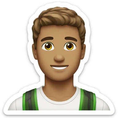 green eyes. handsome. young man. brown skin. brown hair. straight hair. short hair. white race. sticker