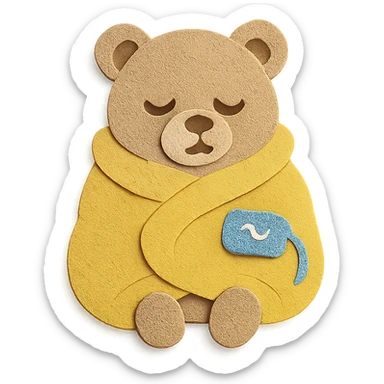 fluffy electric blanket bear wrapped around itself, sleepy face, soft beige, full-body sticker