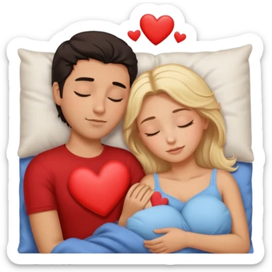 Sleeping romance couple. man has dark hair. woman is blonde. hearts around them. no third person. sticker
