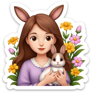 A beautiful brown-haired girl holding a little rabbit in the flowers sticker