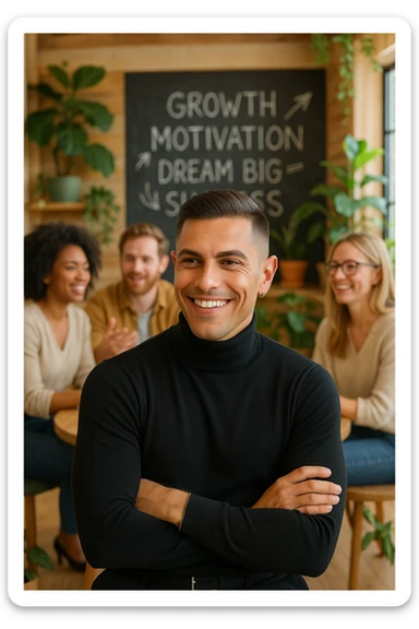 A confident man sitting in a cozy, modern coworking space, surrounded by positive, driven people engaged in creative conversation. He listens, learns, and occasionally smiles, visibly elevated by their presence. Behind him, a chalkboard or whiteboard with empowering words and ideas. The environment is filled with natural light, plants, and soft wooden textures. The atmosphere suggests emotional growth, support, and personal development. sticker