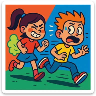 boy running away from a girl who is farting, cartoon style, expressive faces, dynamic action, vibrant toon style, colorful, playful, energetic sticker