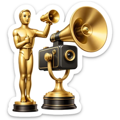 Professional icon for Directing: a cinematic collage with a film camera, a megaphone and an Oscar statuette. The icon should convey the prestige and creative mastery of directing, with a focus on film production and recognition. Transparent background. sticker