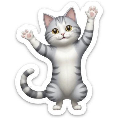 grey and white cat doing a big long stretch reaching up into the airwith arms together sticker