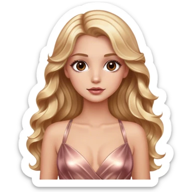 blonde model, brown eyes, long wavy hair, metallic rose gold gown sticker