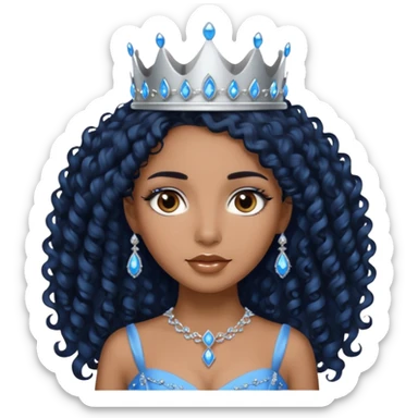 Por favor hazme el emoji de la princesa pero morena con el pelo negro y rizado y largo, los ojos marrones y la corona plateada con jollas azules sticker