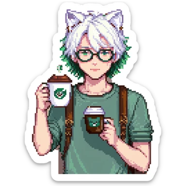 An anime guy with white hair, white cat ears, green eyes, and glasses, holding a coffee cup in his hand and waving sticker