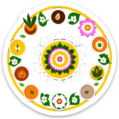 Onam celebration with pookalam flower rangoli and traditional malayali sadhya meal sticker