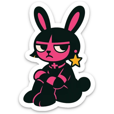 Replace the fishnet gloves with a choker with a cross, keep gothic bunny, black and pink colors, vibrant toon style, no background. sticker