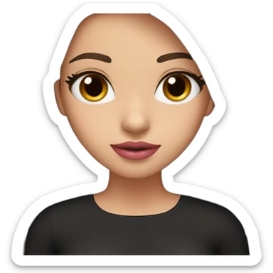 A girl with brown eyes, long straight brown hair, plump pink lips in a black dress sticker