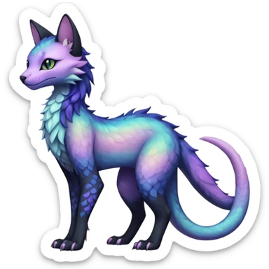 Kawaii black pastel iridescent beautiful pretty elegant divine edgy fantasy feline-vernid-sergal-fursona animal creature with a tufted tail full body with intricate markings  sticker
