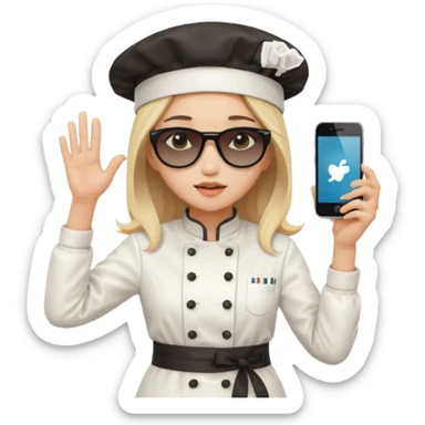 ["A sad woman with light skin, straight hair, wearing a chef hat and sunglasses, dressed in K-pop fashion, is dancing while holding a phone."] sticker